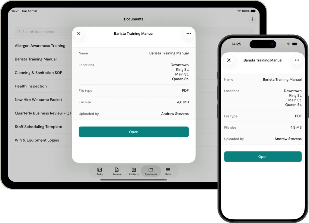 Document profile showing locations, file type, size, and uploader on tablet and phone