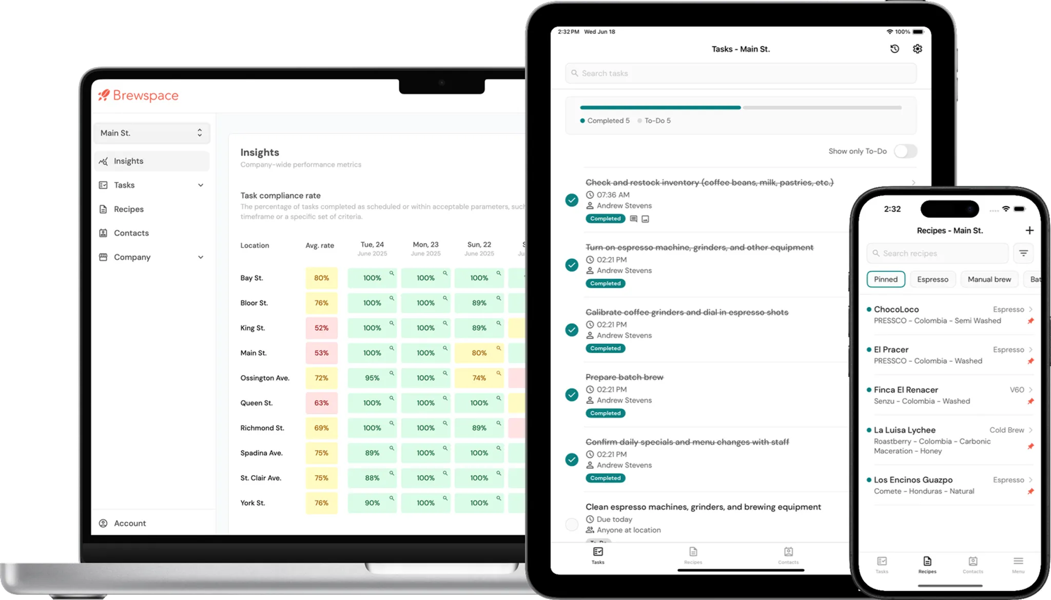 Brewspace app on laptop, tablet, and phone